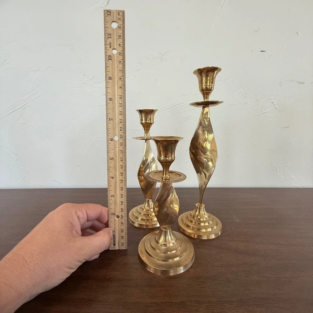 Vintage Brass Twisted Spiral Candlestick Holders Set of 3 MCM India